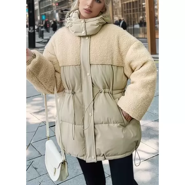 imagechouyatou Womens Winter Baggy Sherpa Puffer Jacket Zip Up Hooded Quilted Down Coat OuterwearKhaki
