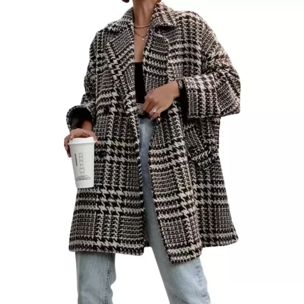 imagechouyatou Womens Winter Double Breasted Houndstooth Wool Coat Notch Lapel Plaid Formal Winter Trench CoatApricot
