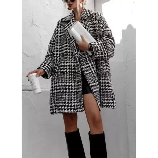 imagechouyatou Womens Winter Double Breasted Houndstooth Wool Coat Notch Lapel Plaid Formal Winter Trench CoatBlack