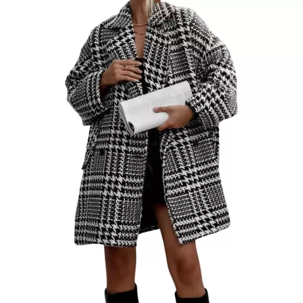 imagechouyatou Womens Winter Double Breasted Houndstooth Wool Coat Notch Lapel Plaid Formal Winter Trench CoatBlack