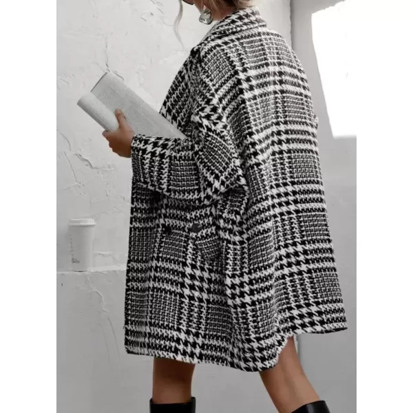 imagechouyatou Womens Winter Double Breasted Houndstooth Wool Coat Notch Lapel Plaid Formal Winter Trench CoatBlack