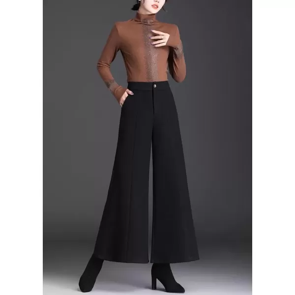 imagechouyatou Womens Winter High Waist Pants Wide Leg Business Wool Palazzo Pants Culottes with PocketsBlack