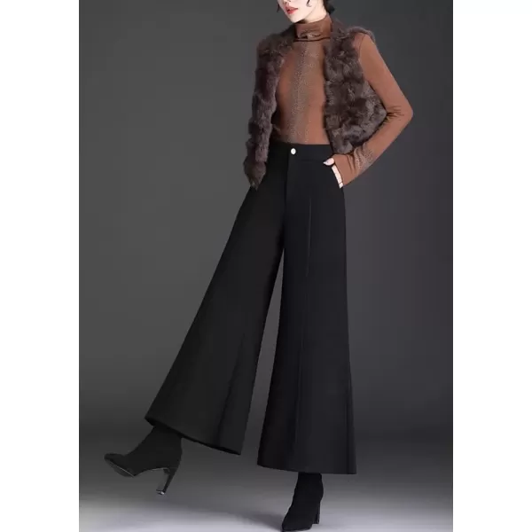 imagechouyatou Womens Winter High Waist Pants Wide Leg Business Wool Palazzo Pants Culottes with PocketsBlack