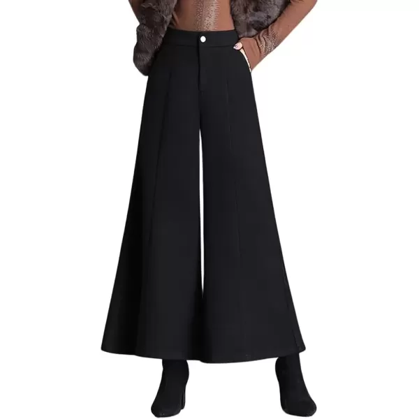 imagechouyatou Womens Winter High Waist Pants Wide Leg Business Wool Palazzo Pants Culottes with PocketsBlack