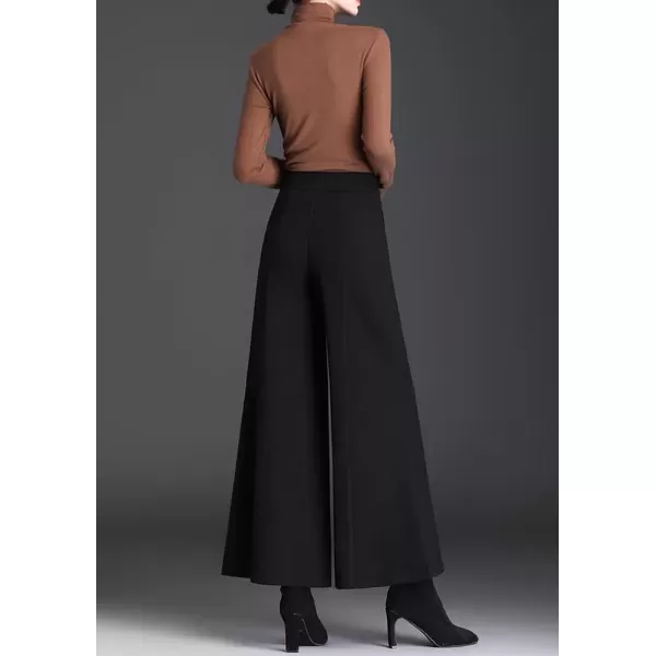 imagechouyatou Womens Winter High Waist Pants Wide Leg Business Wool Palazzo Pants Culottes with PocketsBlack