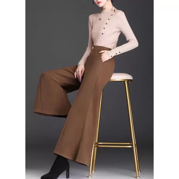 imagechouyatou Womens Winter High Waist Pants Wide Leg Business Wool Palazzo Pants Culottes with PocketsCamel