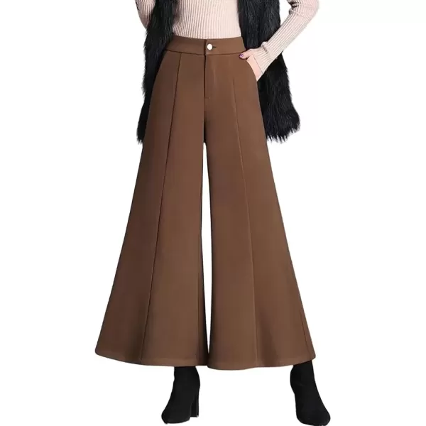 imagechouyatou Womens Winter High Waist Pants Wide Leg Business Wool Palazzo Pants Culottes with PocketsCamel