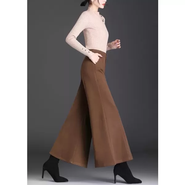 imagechouyatou Womens Winter High Waist Pants Wide Leg Business Wool Palazzo Pants Culottes with PocketsCamel
