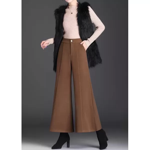 imagechouyatou Womens Winter High Waist Pants Wide Leg Business Wool Palazzo Pants Culottes with PocketsCamel