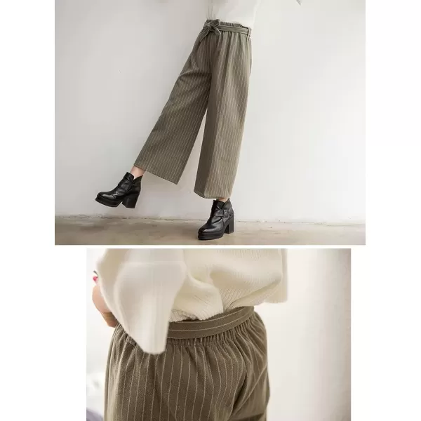 imagechouyatou Womens Winter Striped Wool Capri Pants High Waist Wide Leg Wool Blend Palazzo Pants Culottes with BeltArmy Green