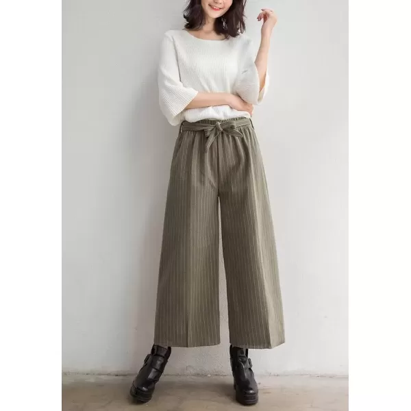 imagechouyatou Womens Winter Striped Wool Capri Pants High Waist Wide Leg Wool Blend Palazzo Pants Culottes with BeltArmy Green