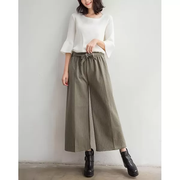 imagechouyatou Womens Winter Striped Wool Capri Pants High Waist Wide Leg Wool Blend Palazzo Pants Culottes with BeltArmy Green