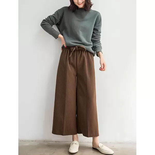 imagechouyatou Womens Winter Striped Wool Capri Pants High Waist Wide Leg Wool Blend Palazzo Pants Culottes with BeltBrown