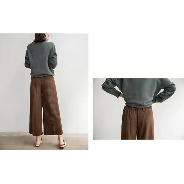 imagechouyatou Womens Winter Striped Wool Capri Pants High Waist Wide Leg Wool Blend Palazzo Pants Culottes with BeltBrown