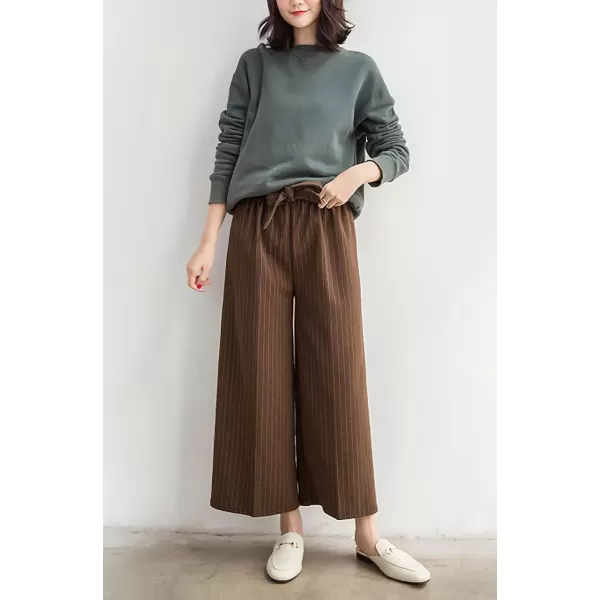 imagechouyatou Womens Winter Striped Wool Capri Pants High Waist Wide Leg Wool Blend Palazzo Pants Culottes with BeltBrown