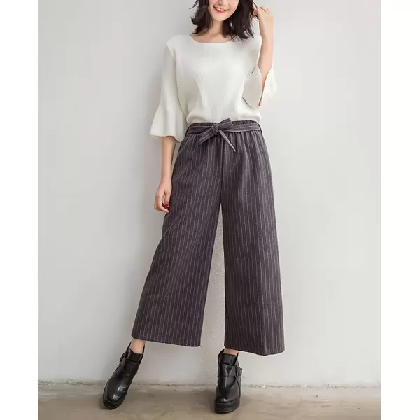 imagechouyatou Womens Winter Striped Wool Capri Pants High Waist Wide Leg Wool Blend Palazzo Pants Culottes with BeltDark Gray