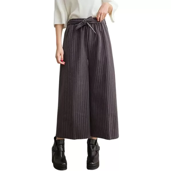imagechouyatou Womens Winter Striped Wool Capri Pants High Waist Wide Leg Wool Blend Palazzo Pants Culottes with BeltDark Gray