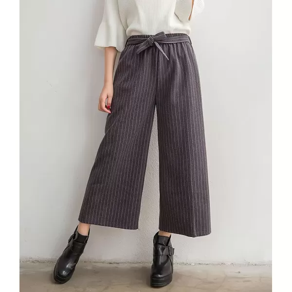 imagechouyatou Womens Winter Striped Wool Capri Pants High Waist Wide Leg Wool Blend Palazzo Pants Culottes with BeltDark Gray