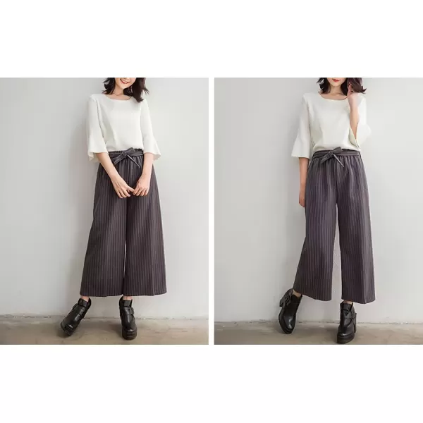 imagechouyatou Womens Winter Striped Wool Capri Pants High Waist Wide Leg Wool Blend Palazzo Pants Culottes with BeltDark Gray