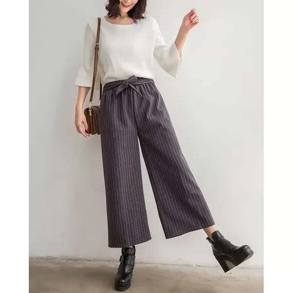 imagechouyatou Womens Winter Striped Wool Capri Pants High Waist Wide Leg Wool Blend Palazzo Pants Culottes with BeltDark Gray