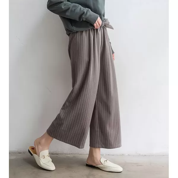 imagechouyatou Womens Winter Striped Wool Capri Pants High Waist Wide Leg Wool Blend Palazzo Pants Culottes with BeltKhaki