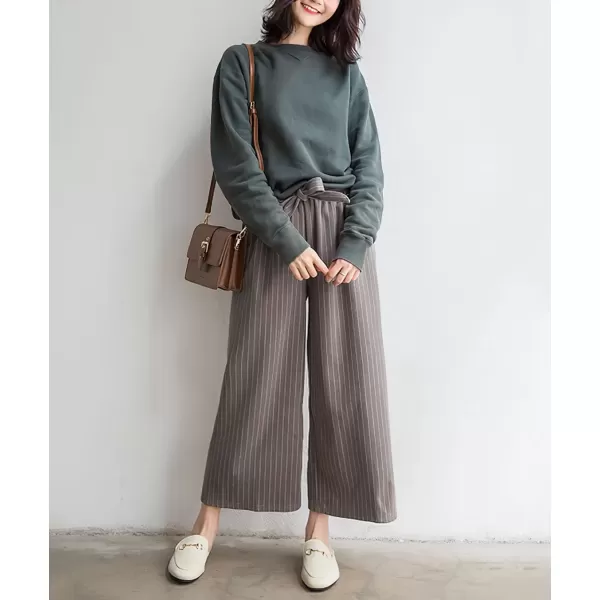 imagechouyatou Womens Winter Striped Wool Capri Pants High Waist Wide Leg Wool Blend Palazzo Pants Culottes with BeltKhaki