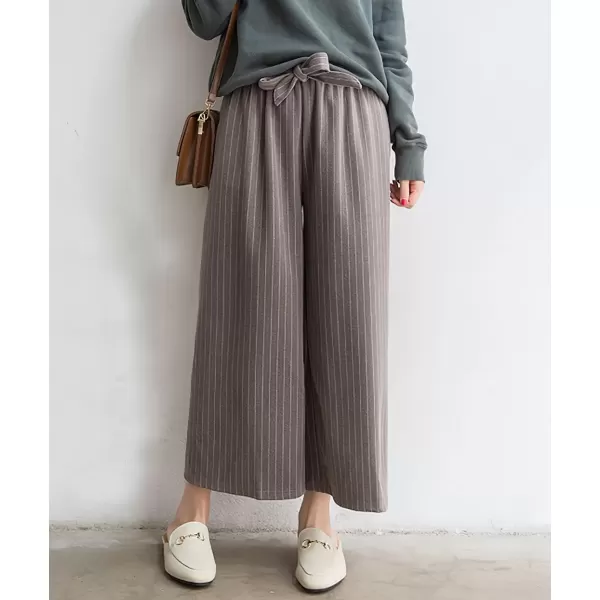 imagechouyatou Womens Winter Striped Wool Capri Pants High Waist Wide Leg Wool Blend Palazzo Pants Culottes with BeltKhaki