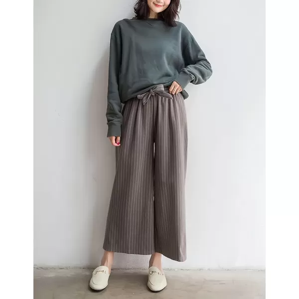 imagechouyatou Womens Winter Striped Wool Capri Pants High Waist Wide Leg Wool Blend Palazzo Pants Culottes with BeltKhaki