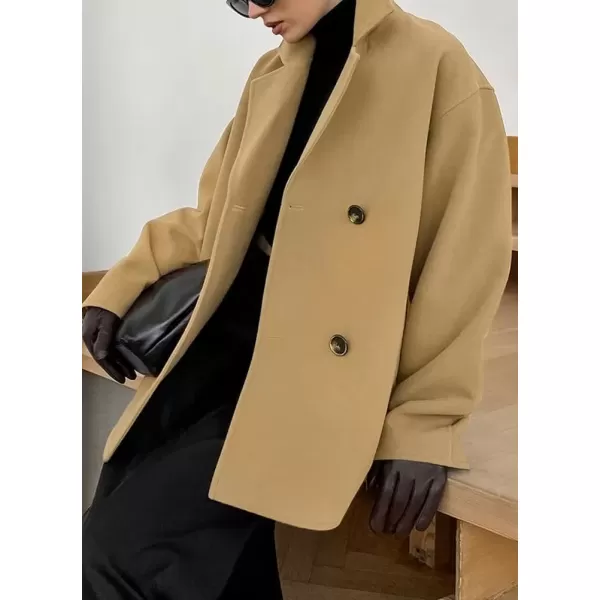 imagechouyatou Womens Winter Thick Double Breasted Wool Coat Notch Lapel Collar Office Work Short Trench CoatKhaki
