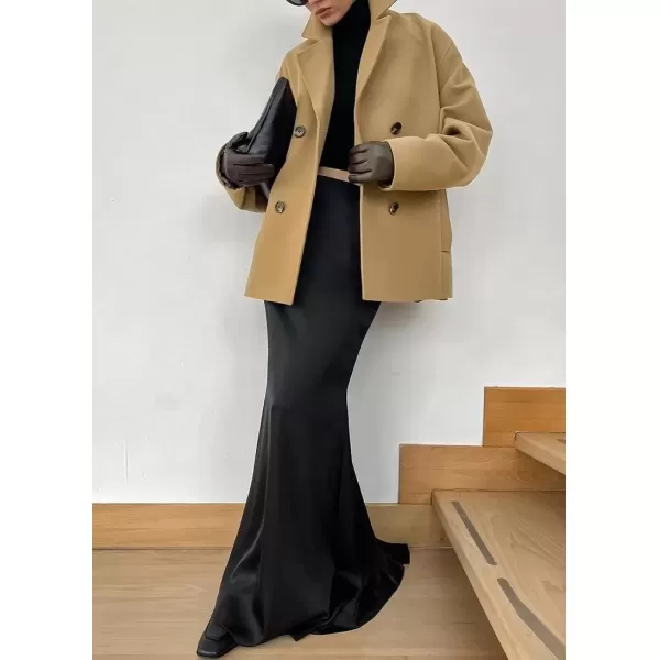imagechouyatou Womens Winter Thick Double Breasted Wool Coat Notch Lapel Collar Office Work Short Trench CoatKhaki