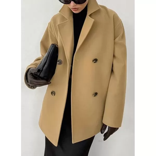 imagechouyatou Womens Winter Thick Double Breasted Wool Coat Notch Lapel Collar Office Work Short Trench CoatKhaki
