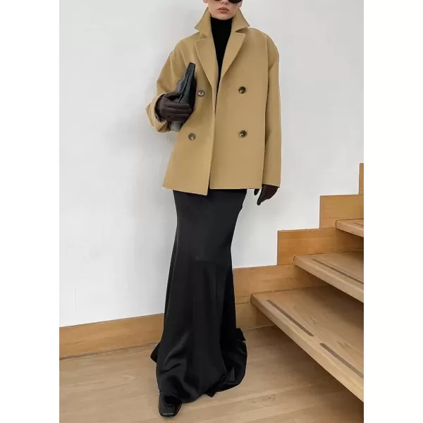 imagechouyatou Womens Winter Thick Double Breasted Wool Coat Notch Lapel Collar Office Work Short Trench CoatKhaki