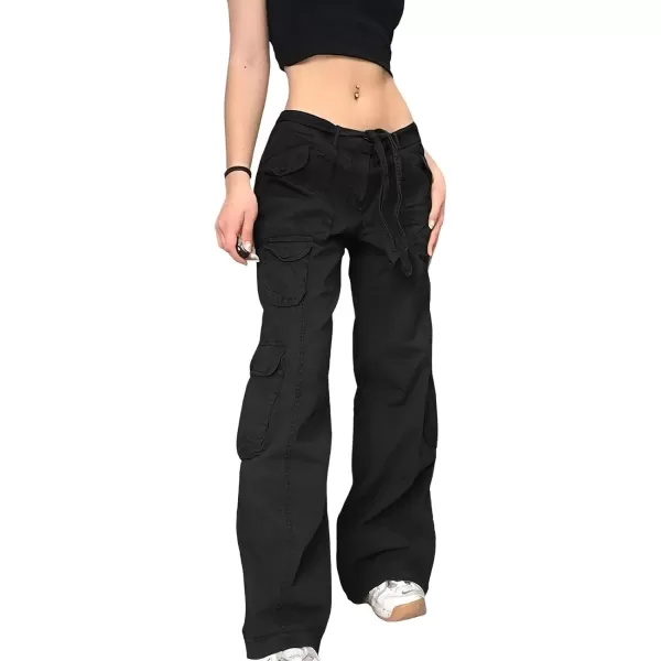 imagechouyatou Womens Y2K Baggy Cargo Pants Low Waisted Wide Leg Grunge Streetwear TrousersBlack