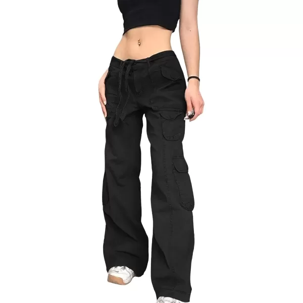 imagechouyatou Womens Y2K Baggy Cargo Pants Low Waisted Wide Leg Grunge Streetwear TrousersBlack