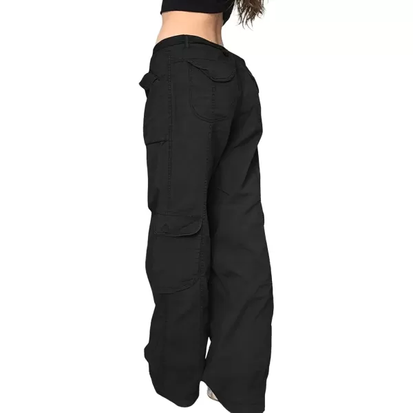 imagechouyatou Womens Y2K Baggy Cargo Pants Low Waisted Wide Leg Grunge Streetwear TrousersBlack