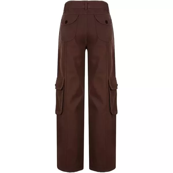 imagechouyatou Womens Y2K Baggy Cargo Pants Low Waisted Wide Leg Grunge Streetwear TrousersBrown