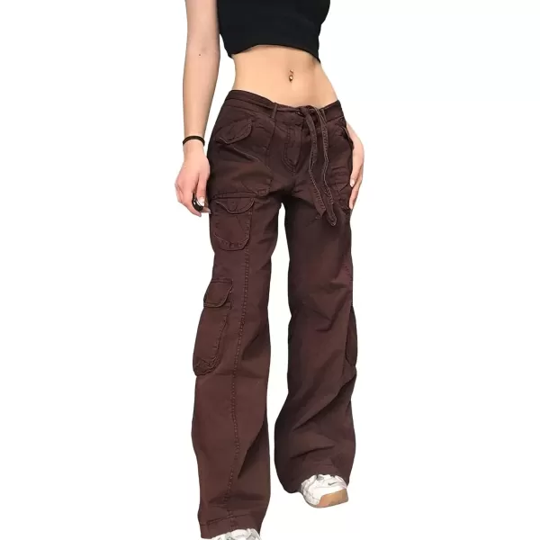 imagechouyatou Womens Y2K Baggy Cargo Pants Low Waisted Wide Leg Grunge Streetwear TrousersBrown