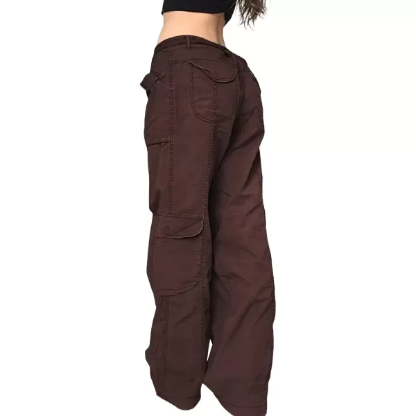 imagechouyatou Womens Y2K Baggy Cargo Pants Low Waisted Wide Leg Grunge Streetwear TrousersBrown