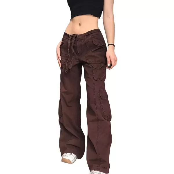 imagechouyatou Womens Y2K Baggy Cargo Pants Low Waisted Wide Leg Grunge Streetwear TrousersBrown