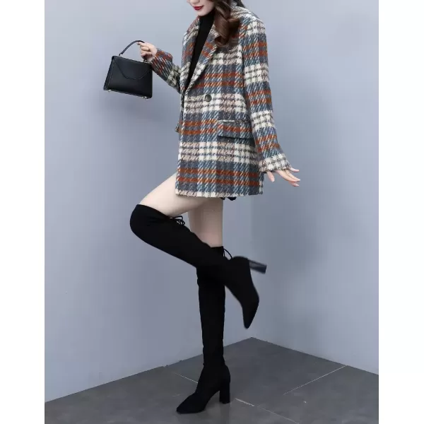 imagechouyatou Women Winter Casual Business Plaid Wool Blend Coat Loose Double Breasted Dressy Blazer Pea CoatDark Beige