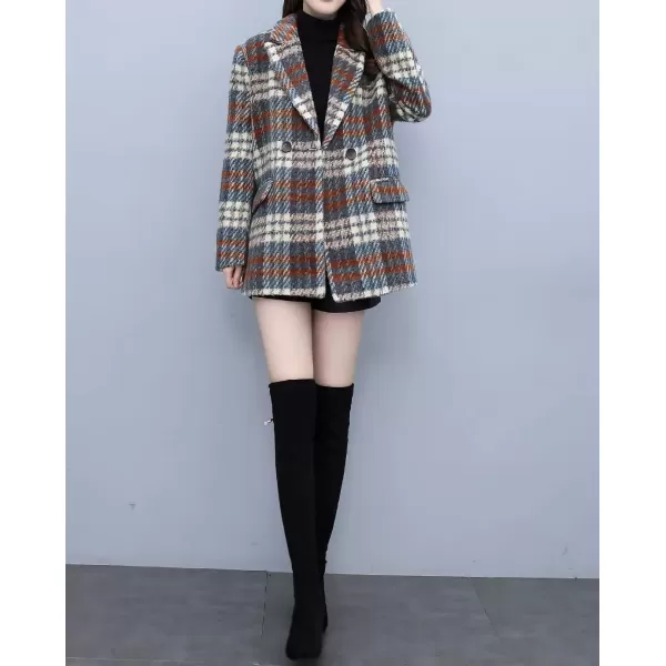 imagechouyatou Women Winter Casual Business Plaid Wool Blend Coat Loose Double Breasted Dressy Blazer Pea CoatDark Beige
