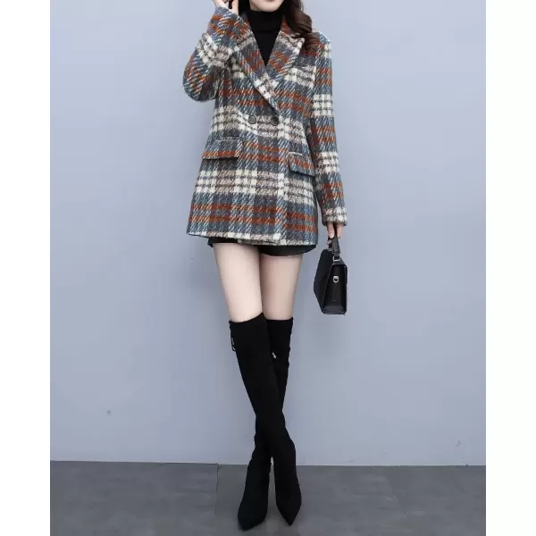 imagechouyatou Women Winter Casual Business Plaid Wool Blend Coat Loose Double Breasted Dressy Blazer Pea CoatDark Beige