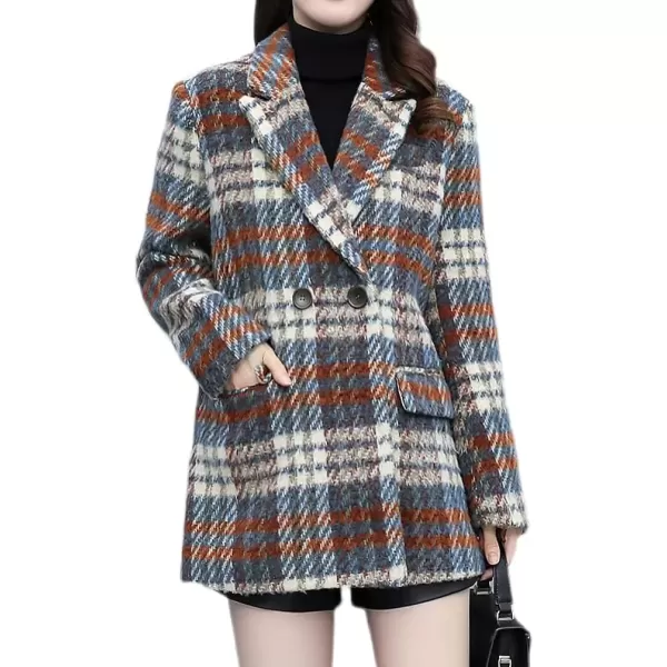 imagechouyatou Women Winter Casual Business Plaid Wool Blend Coat Loose Double Breasted Dressy Blazer Pea CoatDark Beige