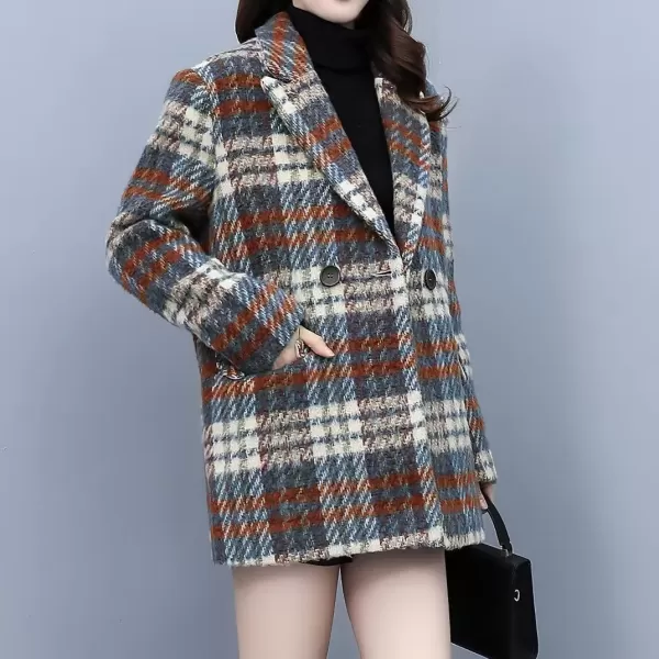imagechouyatou Women Winter Casual Business Plaid Wool Blend Coat Loose Double Breasted Dressy Blazer Pea CoatDark Beige