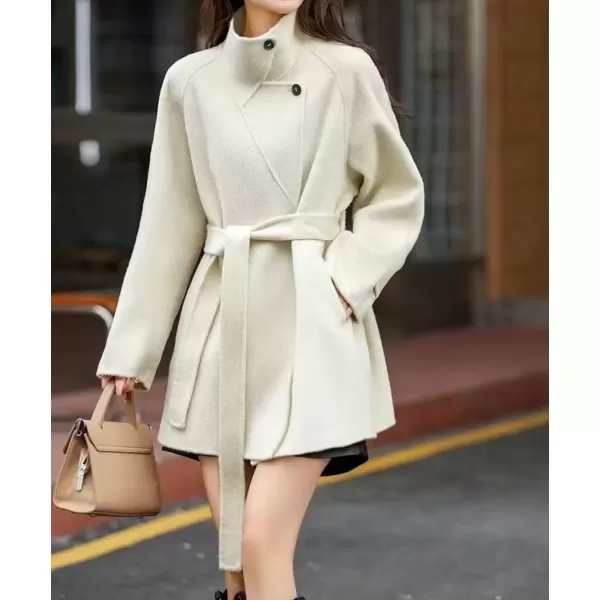 imagechouyatou Women Wool Blend Overcoat Stand Collar Trench Coat Warm Fall Winter Blazer Jacket Coat with BeltBeige