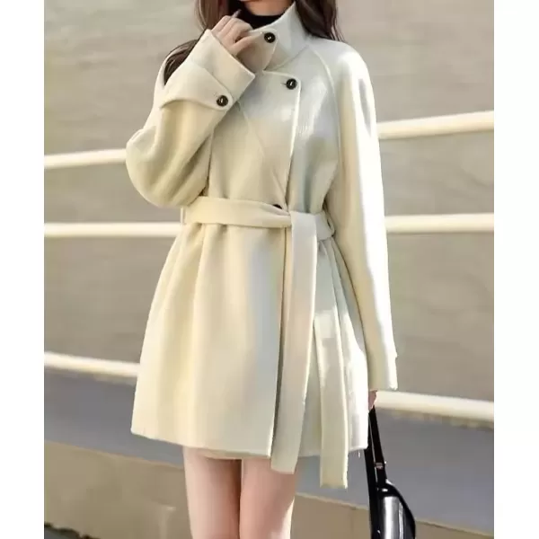 imagechouyatou Women Wool Blend Overcoat Stand Collar Trench Coat Warm Fall Winter Blazer Jacket Coat with BeltBeige
