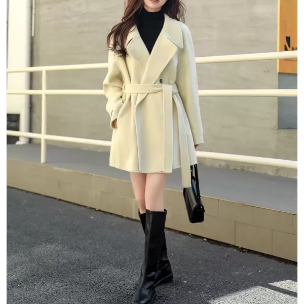imagechouyatou Women Wool Blend Overcoat Stand Collar Trench Coat Warm Fall Winter Blazer Jacket Coat with BeltBeige