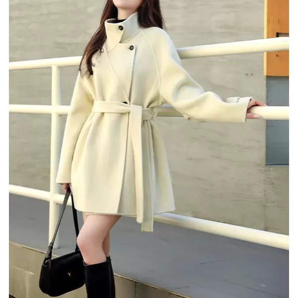 imagechouyatou Women Wool Blend Overcoat Stand Collar Trench Coat Warm Fall Winter Blazer Jacket Coat with BeltBeige