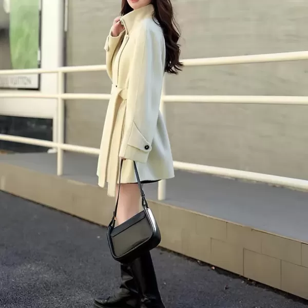 imagechouyatou Women Wool Blend Overcoat Stand Collar Trench Coat Warm Fall Winter Blazer Jacket Coat with BeltBeige