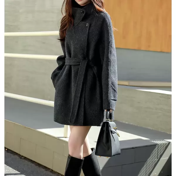imagechouyatou Women Wool Blend Overcoat Stand Collar Trench Coat Warm Fall Winter Blazer Jacket Coat with BeltDark Grey